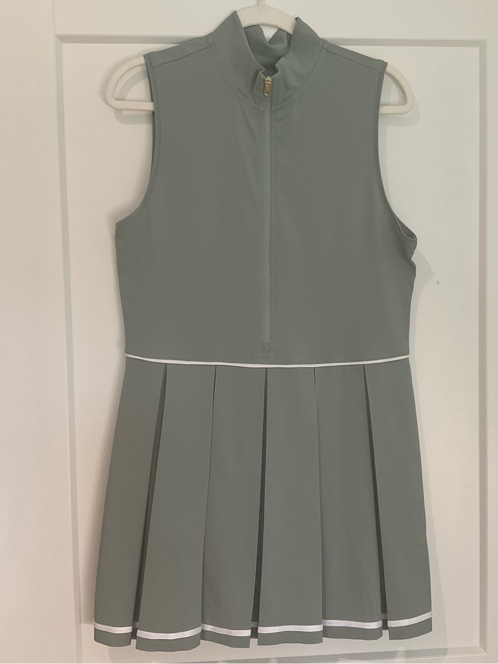 Varley Sage Green Sleeveless Pleated Mini Dress with White Trim